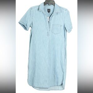 Gap Dress Women’s XS Blue Shift Pullover Pockets V Neck Light Wash 100% Cotton